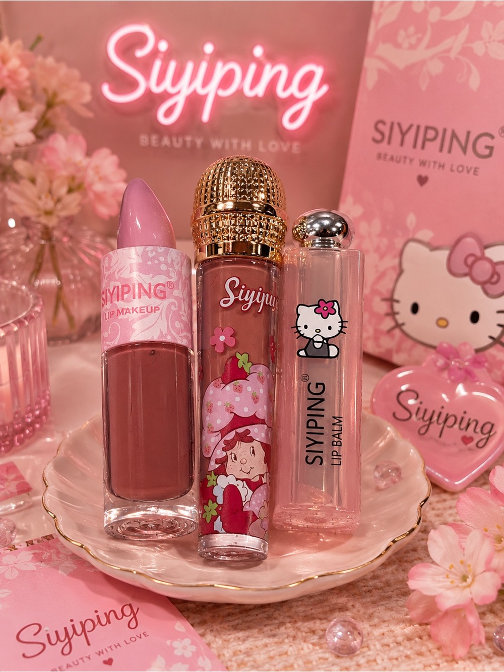 🍓 Siyiping Character Lip Bundle – Strawberry Shortcake & Hello Kitty ✨